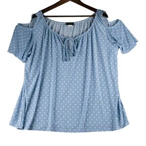 Star Vixen Womens 2X Blue Polka Dot Cold Shoulder Summer Blouse Boho Chic Top